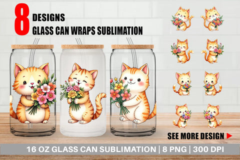 Glass Can Cat Spring Bouquet Sublimation artnoy 