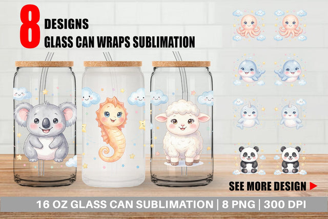 Glass Can Celestial Baby Animal Watercolor Sublimation artnoy 