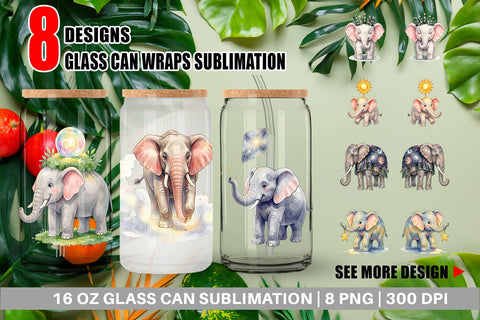 Glass Can Celestial Night Elephant Watercolor Sublimation artnoy 