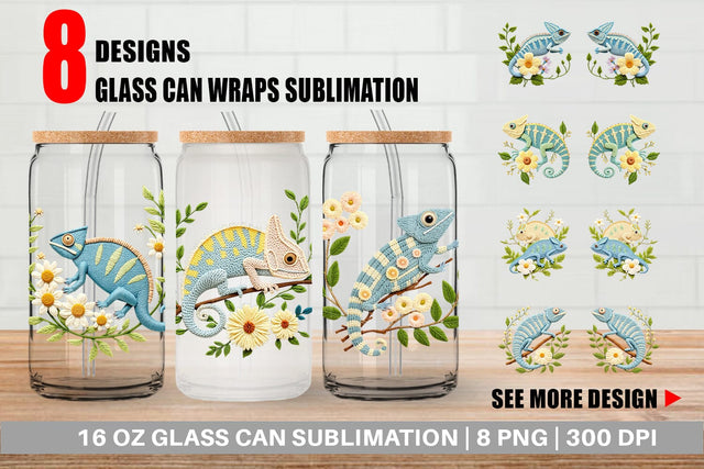Glass Can Chameleon Embroidery Sublimation artnoy 