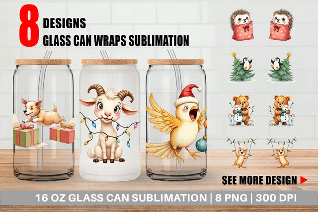Glass Can Chaotic Christmas Animals Sublimation artnoy 