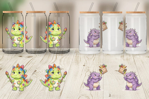 Glass Can Chaotic Messy Baby Dino Watercolor Sublimation artnoy 