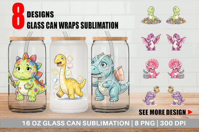 Glass Can Chaotic Messy Baby Dino Watercolor Sublimation artnoy 