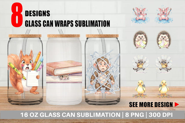 Glass Can Chaotic School Animal Watercolor Sublimation artnoy 