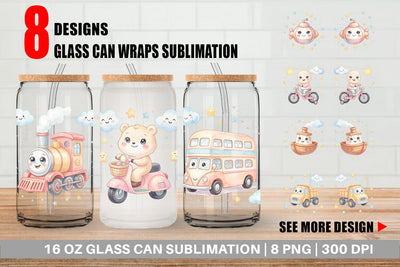 Glass Can Cheerful Nursery Vehicle Watercolor Sublimation artnoy 