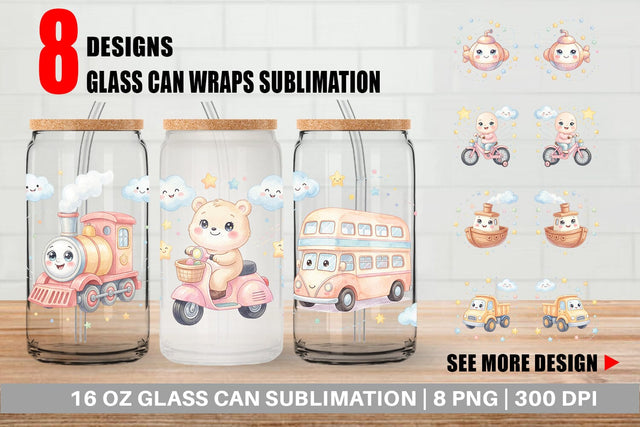 Glass Can Cheerful Nursery Vehicle Watercolor Sublimation artnoy 