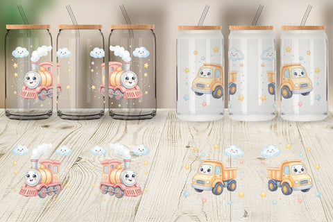 Glass Can Cheerful Nursery Vehicle Watercolor Sublimation artnoy 