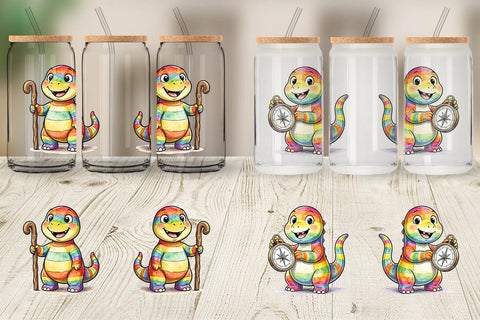 Glass Can Cheerful Retro Scout Dino Watercolor Sublimation artnoy 