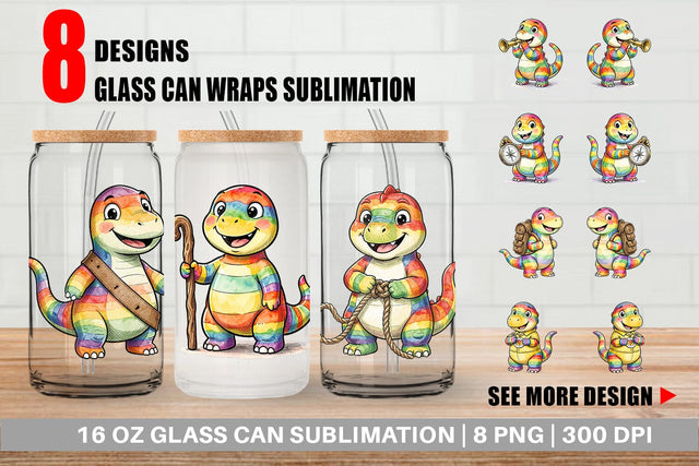Glass Can Cheerful Retro Scout Dino Watercolor Sublimation artnoy 