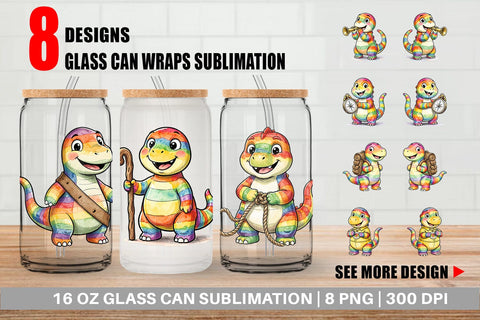 Glass Can Cheerful Retro Scout Dino Watercolor Sublimation artnoy 