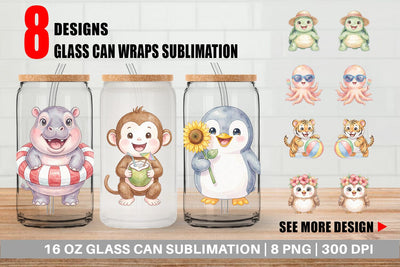 Glass Can Cheerful Summer Animals Watercolor Sublimation artnoy 