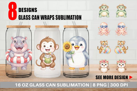 Glass Can Cheerful Summer Animals Watercolor Sublimation artnoy 
