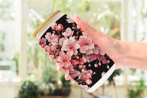 Glass Can Cherry Blossom Pattern Sublimation artnoy 