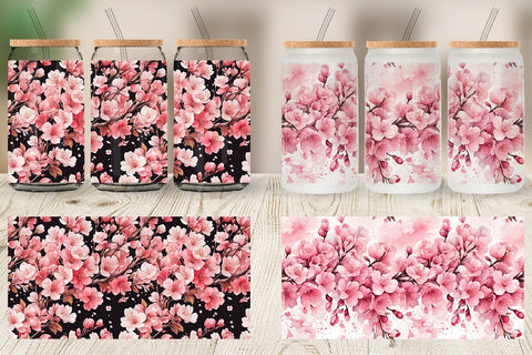 Glass Can Cherry Blossom Pattern Sublimation artnoy 