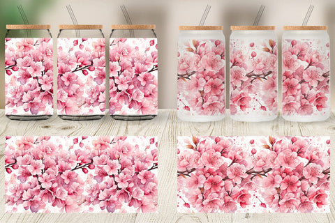 Glass Can Cherry Blossom Pattern Sublimation artnoy 