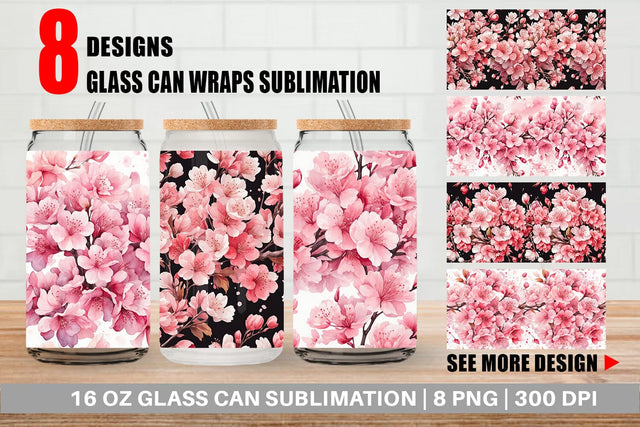 Glass Can Cherry Blossom Pattern Sublimation artnoy 