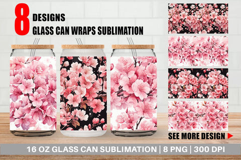 Glass Can Cherry Blossom Pattern Sublimation artnoy 