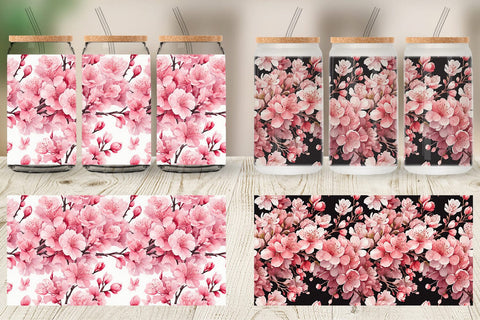 Glass Can Cherry Blossom Pattern Sublimation artnoy 