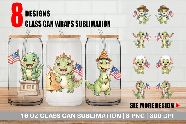 Glass Can Chibi Founding Father Dino Watercolor Sublimation artnoy 