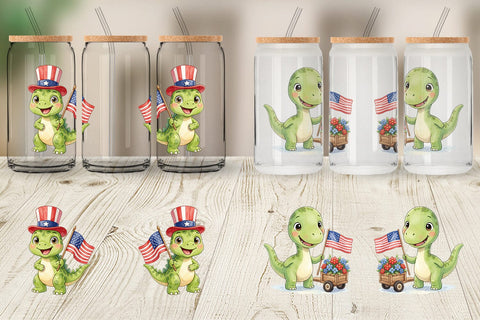 Glass Can Chibi Patriotic Parade Dino Watercolor Sublimation artnoy 