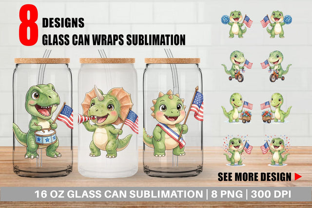 Glass Can Chibi Patriotic Parade Dino Watercolor Sublimation artnoy 