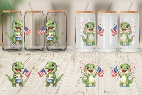 Glass Can Chibi Patriotic Parade Dino Watercolor Sublimation artnoy 