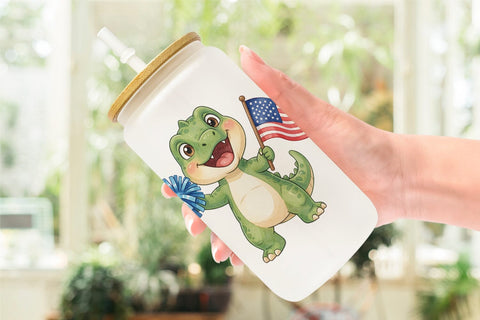 Glass Can Chibi Patriotic Parade Dino Watercolor Sublimation artnoy 