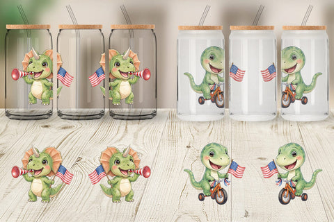 Glass Can Chibi Patriotic Parade Dino Watercolor Sublimation artnoy 