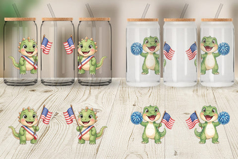 Glass Can Chibi Patriotic Parade Dino Watercolor Sublimation artnoy 