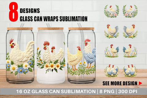 Glass Can Chicken Embroidery Sublimation artnoy 