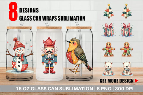 Glass Can Christmas Cartoon Patchwork Sublimation artnoy 