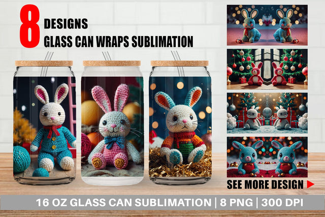 Glass Can Christmas Crochet Bunny Sublimation artnoy 