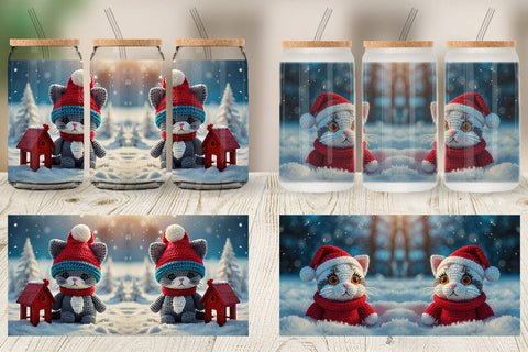 Glass Can Christmas Crochet Cat Sublimation artnoy 