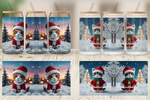 Glass Can Christmas Crochet Cat Sublimation artnoy 