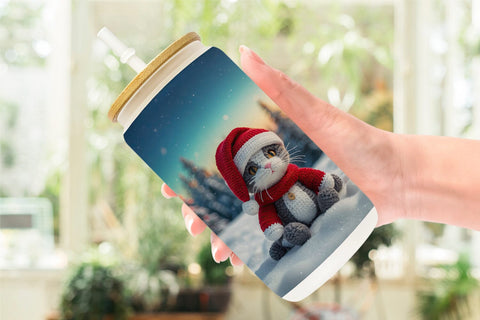 Glass Can Christmas Crochet Cat Sublimation artnoy 