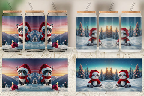 Glass Can Christmas Crochet Cat Sublimation artnoy 