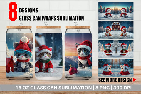 Glass Can Christmas Crochet Cat Sublimation artnoy 