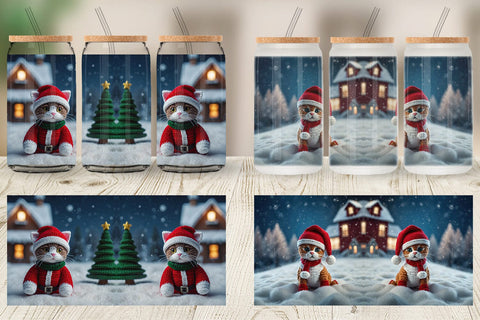 Glass Can Christmas Crochet Cat Sublimation artnoy 