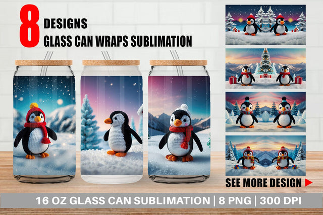 Glass Can Christmas Crochet Penguin Sublimation artnoy 