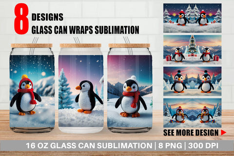Glass Can Christmas Crochet Penguin Sublimation artnoy 
