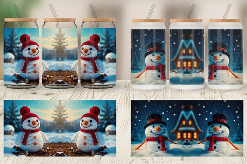 Glass Can Christmas Crochet Snowman Sublimation artnoy 