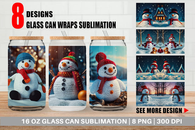 Glass Can Christmas Crochet Snowman Sublimation artnoy 