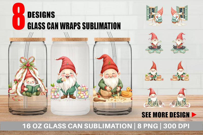 Glass Can Christmas Gnome Sublimation artnoy 