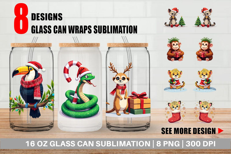 Glass Can Christmas Jungle Animals Sublimation artnoy 