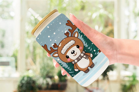 Glass Can Christmas Kawaii Reindeer Sublimation artnoy 