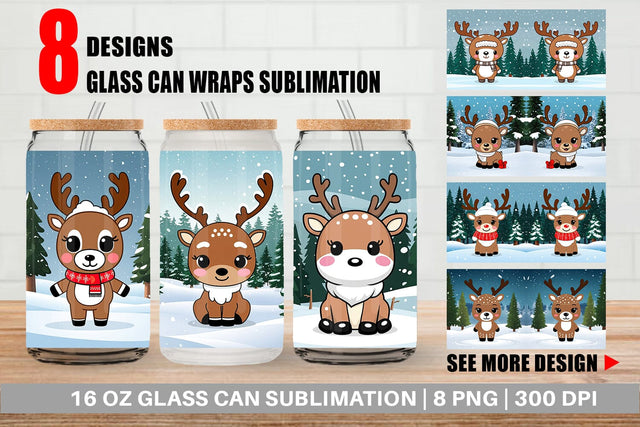 Glass Can Christmas Kawaii Reindeer Sublimation artnoy 