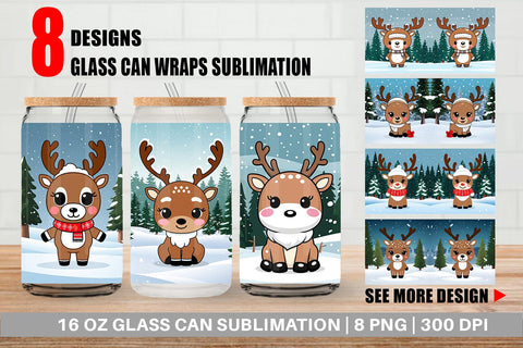 Glass Can Christmas Kawaii Reindeer Sublimation artnoy 