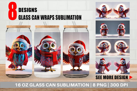 Glass Can Christmas Owl Sublimation artnoy 