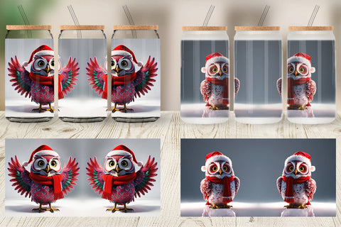 Glass Can Christmas Owl Sublimation artnoy 