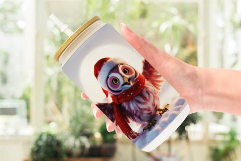 Glass Can Christmas Owl Sublimation artnoy 